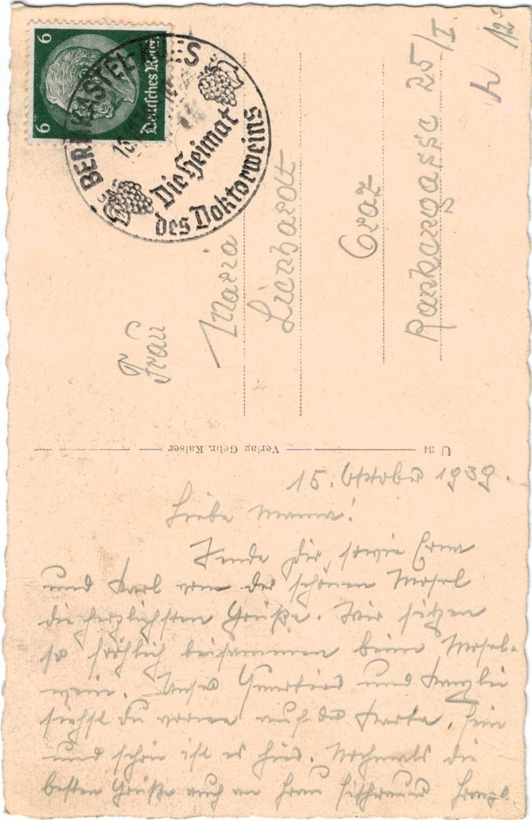 Feldpostkarte von Bernkastel nach Graz 1939