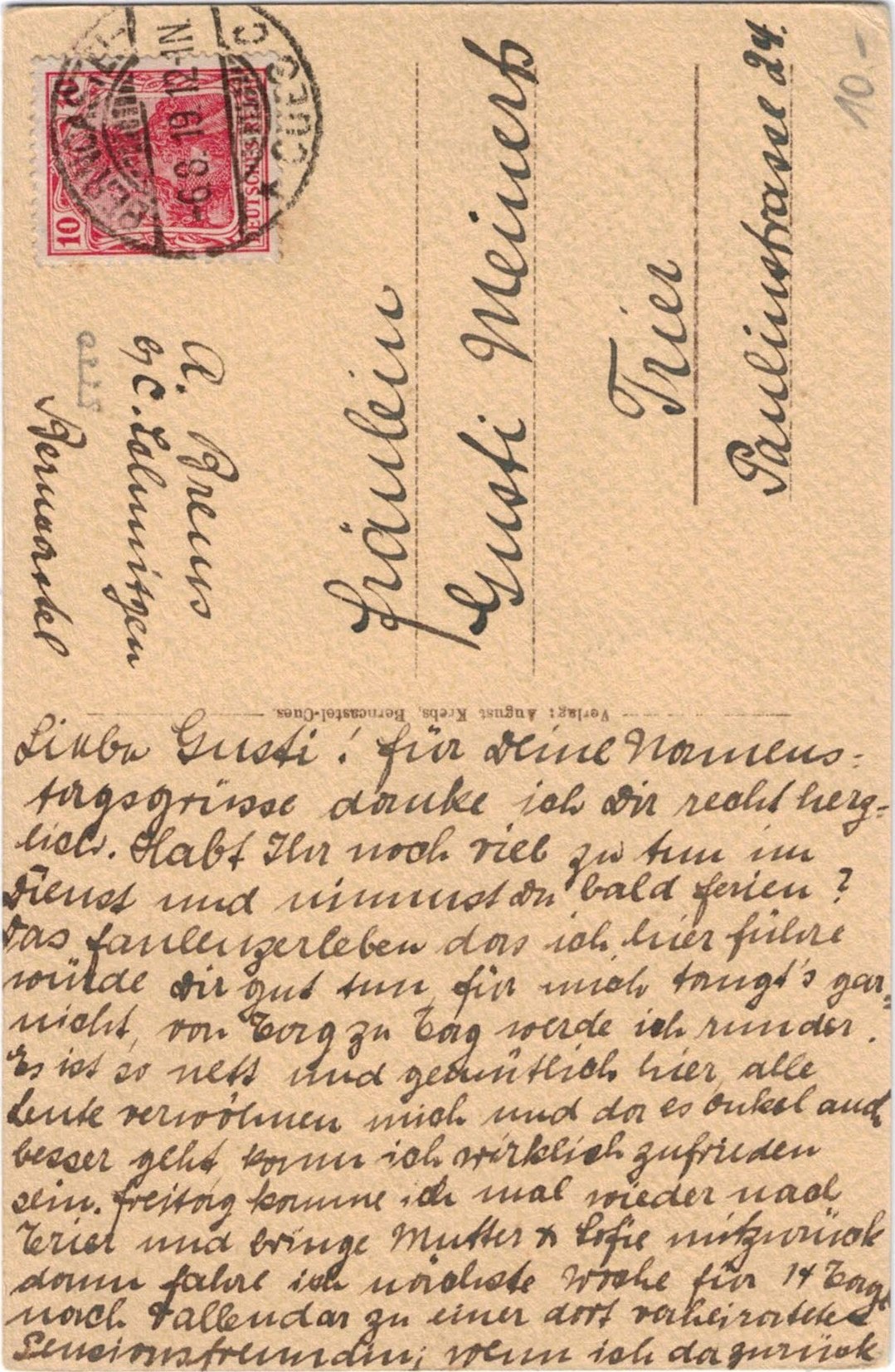 Postkarte von Kues nach Trier 1919 (hinten)